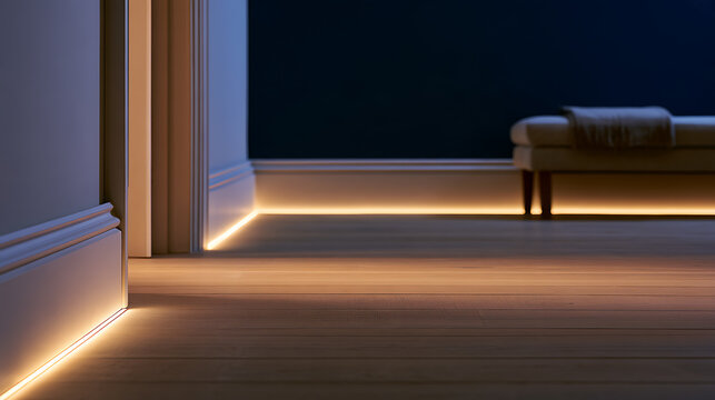 Modern interior design with warm hidden led strip illumination along the baseboard and wooden floor creating cozy atmosphere in bedroom