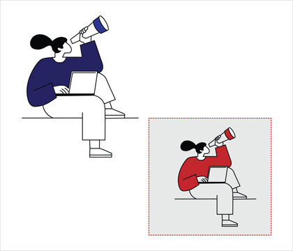 person looking through telescope while working on laptop. future planning concept vector illustration