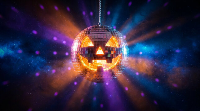 A festive Halloween disco ball shaped like a jack-o'-lantern, illuminated with vibrant orange and purple lights, creating a party atmosphere against a starry night sky.
