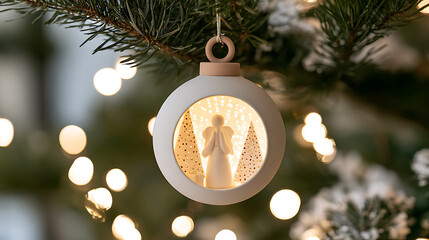 Fototapeta premium Minimalist white christmas bauble ornament hanging on pine tree branch with glowing fairy lights bokeh background festive winter season view
