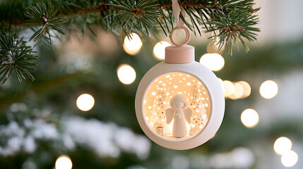 Fototapeta premium Charming white ceramic Christmas ornament with internal glowing angel figurine hang on pine tree branch with bokeh light background glow