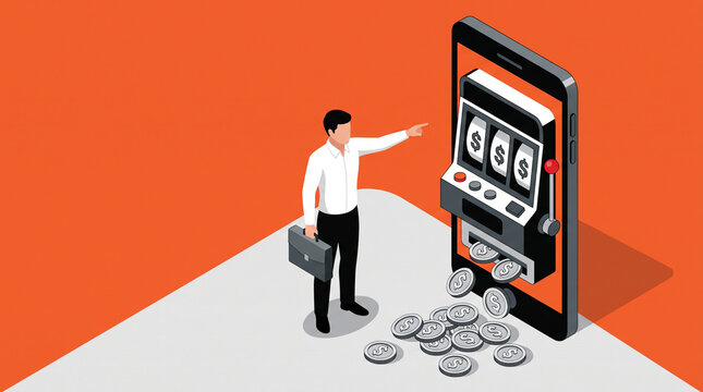 Online casino, casino, bet, betting isometric concept with a businessman pointing at a large smartphone screen that acts as a slot machine dispensing coins on the floor.