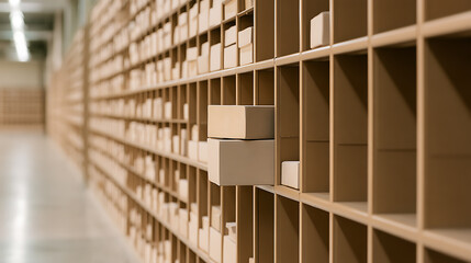 Naklejka premium Large warehouse with wooden shelving units filled with small cardboard boxes and packages organized neatly in rows inside industrial storage space