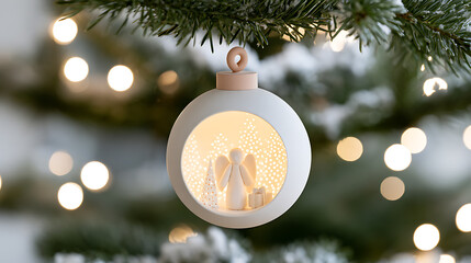 Fototapeta premium Ceramic bauble ornament hanging on pine tree branch with illuminated angel figurine inside for winter holiday decor celebration concept