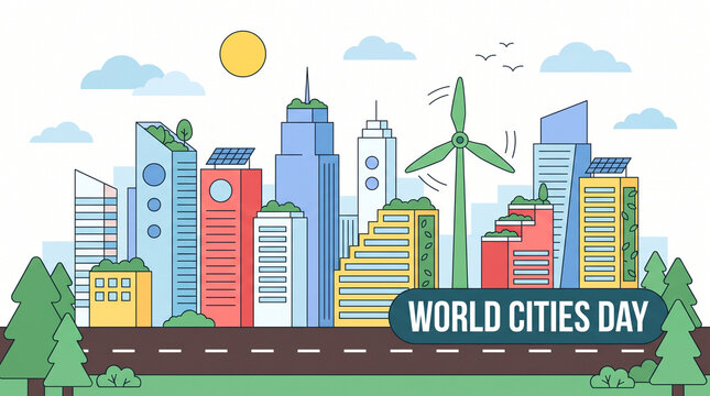 Flat vector design for World Cities Day showing a sustainable city with wind turbines, green rooftops, and modern buildings, symbolizing eco-friendly urban living.