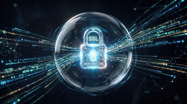 Cybersecurity padlock glowing inside a digital protection sphere with high speed data stream lines.