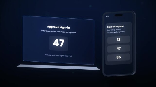 Secure login process demonstrated with a laptop and smartphone showing number verification and successful sign-in