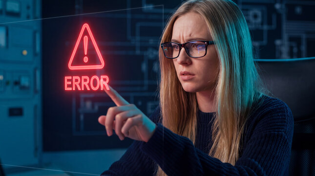 Blonde woman with glasses points at a red holographic ERROR warning in a blue-lit server room, looking concerned