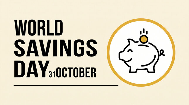 World Savings Day graphic with bold text and a simple icon of a piggy bank with a coin dropping in, celebrating financial prudence on October 31st.