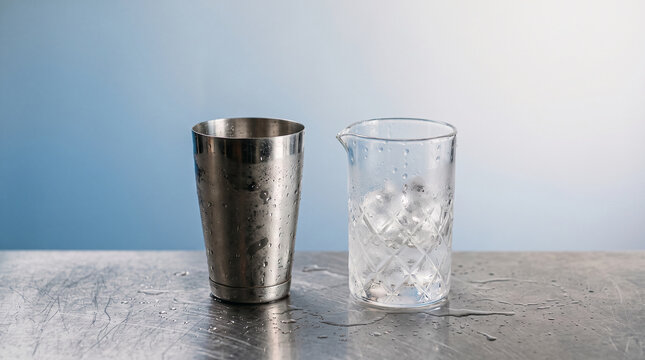 Cocktail shaker and glass with ice on wet metal table
