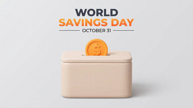 A modern, minimalist design for World Savings Day on October 31, featuring a light-colored money box with a coin being inserted, emphasizing financial planning and saving habits.