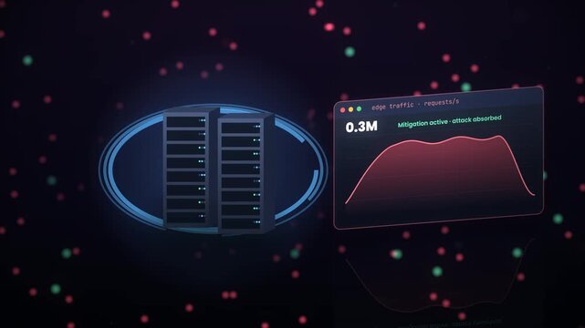 Server rack monitoring data shows traffic fluctuations and successful attack mitigation in a digital network environment