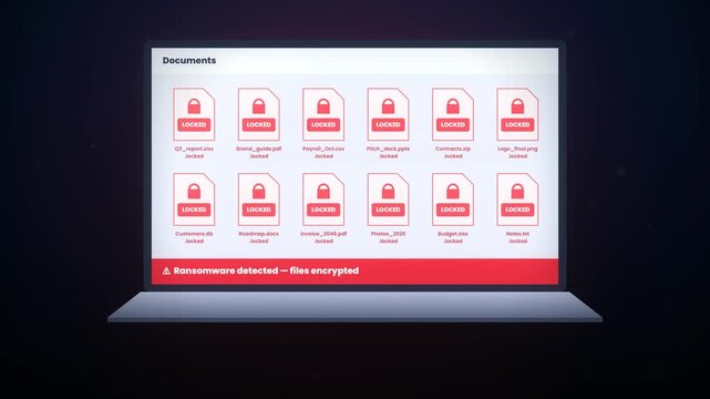 Computer screen shows ransomware attack and successful data recovery process in three stages