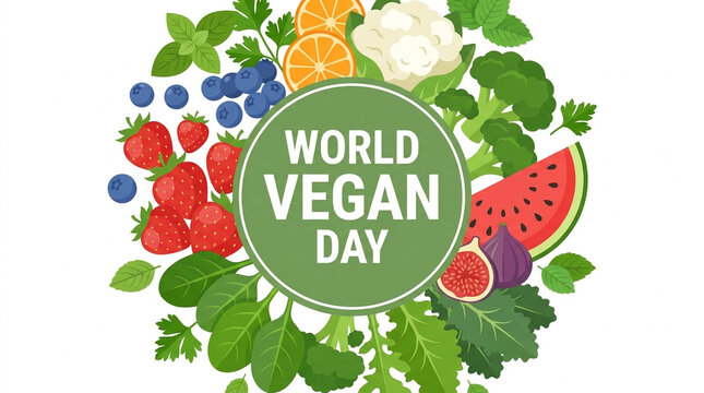 A circular composition of fresh fruits and vegetables surrounding the text World Vegan Day, featuring strawberries, blueberries, oranges, and greens on a white background.