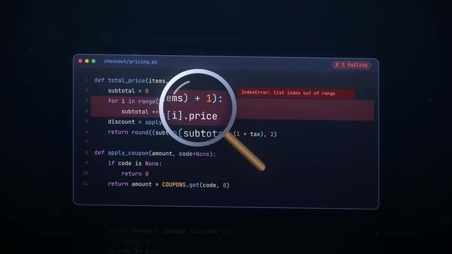 Python code debugging process showing code development from error to successful execution with magnifying glass