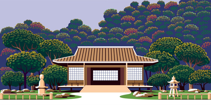 An Asian rural landscape featuring a Japanese-style house and garden with stone lanterns, pathways, bonsai trees, and green trees on the hills in the background. Handmade drawing vector illustration.