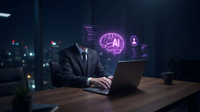A businessman in a dark suit working on a laptop in a dim office at night with a glowing purple artificial intelligence brain hologram floating above