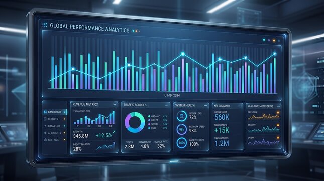 Futuristic digital business dashboard showing global performance analytics and financial data for 2024