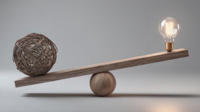 Minimalist seesaw balancing heavy twine ball and glowing light bulb, conceptual work life balance, business innovation concept