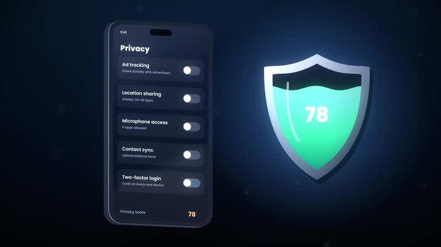 Digital privacy score improvement on smartphone app from 42 to 96 with security settings adjustments