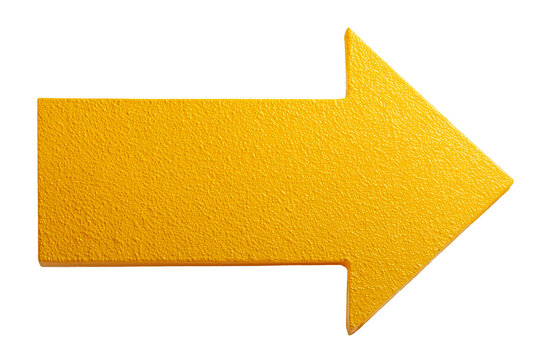 Bright yellow arrow pointing right indicating direction on a textured white surface with direction indicator