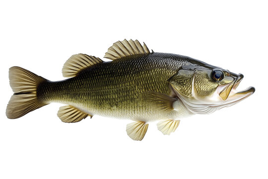Freshwater largemouth bass fish isolated on white background with sports fishing marine life game fish