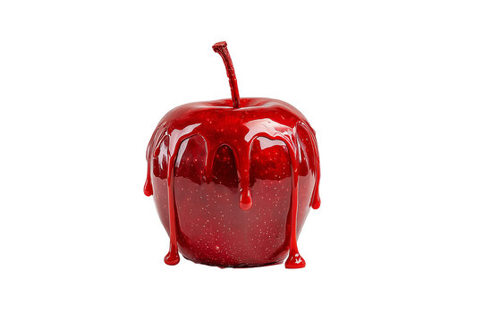 Red candied apple with dripping caramel glaze sweet treat glazed fruit red color white background dripping