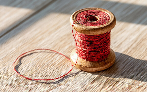 Top-down view of a single vintage wooden spool of crimson red sewing thread on a light oak table