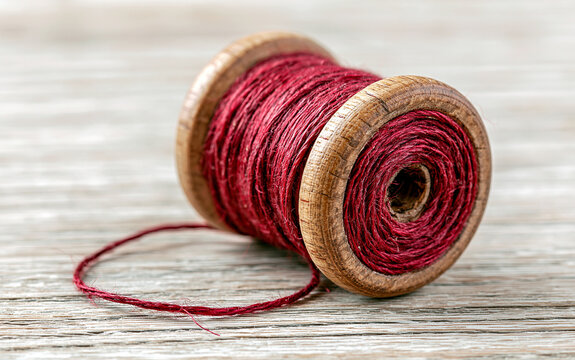 Top-down view of a single vintage wooden spool of crimson red sewing thread on a light oak table