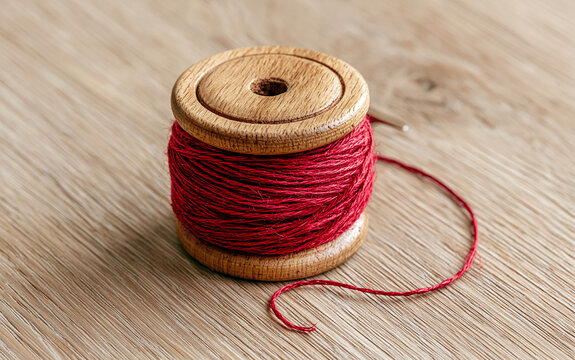 Top-down view of a single vintage wooden spool of crimson red sewing thread on a light oak table