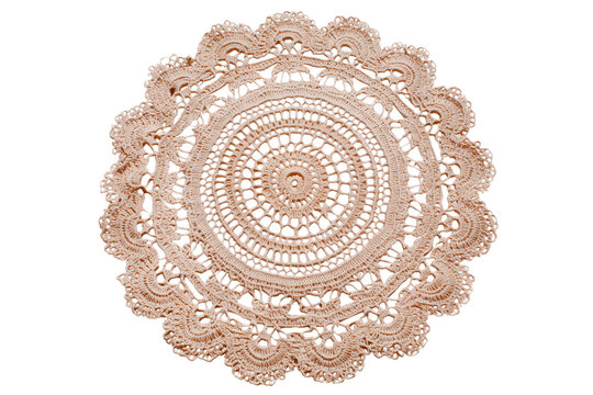 Round beige crocheted lace doily with intricate pattern crochet lace handmade lace vintage lace mat isolated on white background, Clipping Path, png