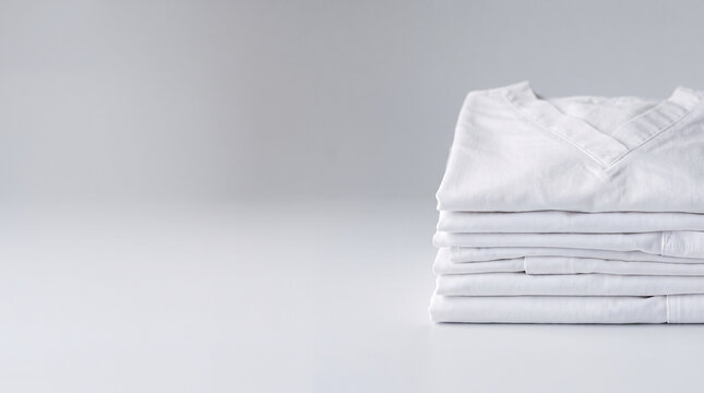 Stack of neatly folded white medical scrubs on a clean surface