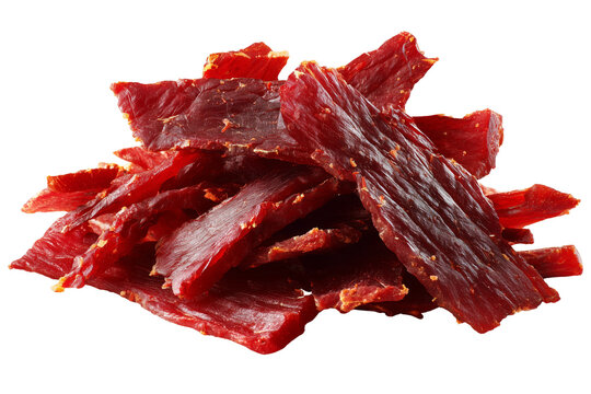 Pile of savory beef jerky snack slices with dried meat cured meat protein snack isolated on white background, Clipping Path, png