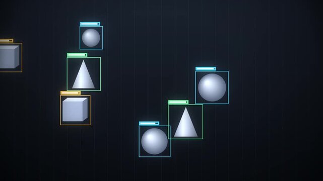 AI object detection video clip showing cubes spheres and cones moving and being tracked with bounding boxes