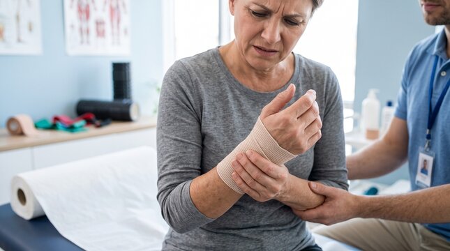 Physical therapist assisting an older woman with a bandaged wrist