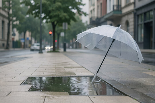 Quiet city sidewalk after rain with a closed transparent umbrella beside a puddle