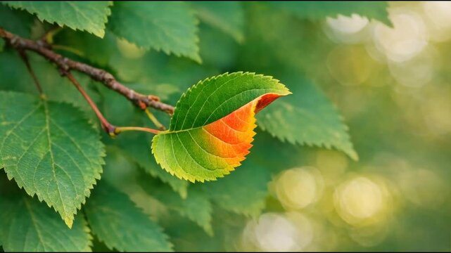 A single leaf clings to a tree branch amidst lush green foliage