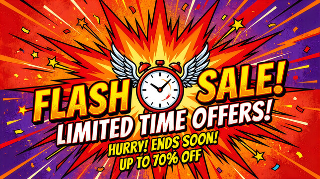 Flash sale clock with wings and fireworks