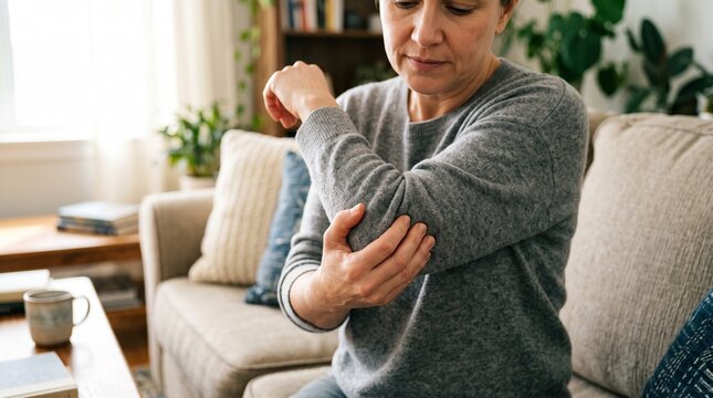Woman experiencing elbow pain while sitting on a couch at home