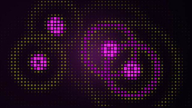 Abstract halftone pattern with glowing purple and gold circles, futuristic digital background with pixelated dots, retro pop art aesthetic