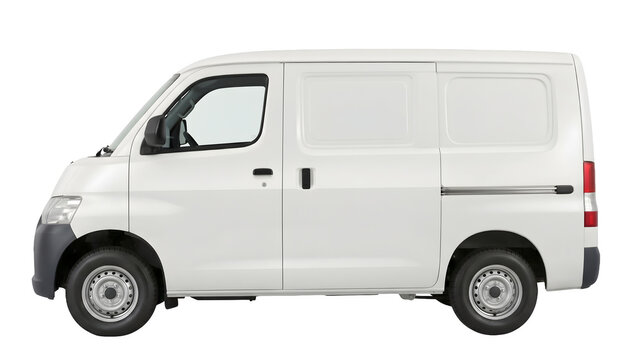 Side profile view of generic unbranded white commercial delivery cargo minivan mockup isolated on transparent background