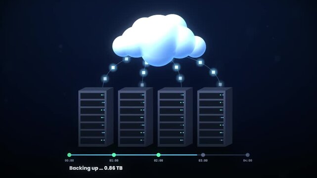 Cloud backup process visualized with servers and progress bar showing data transfer and completion