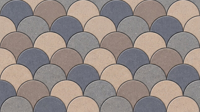 A high-quality, seamless texture of interlocking semicircle concrete pavers in alternating shades of gray and beige, ideal for architectural design projects.