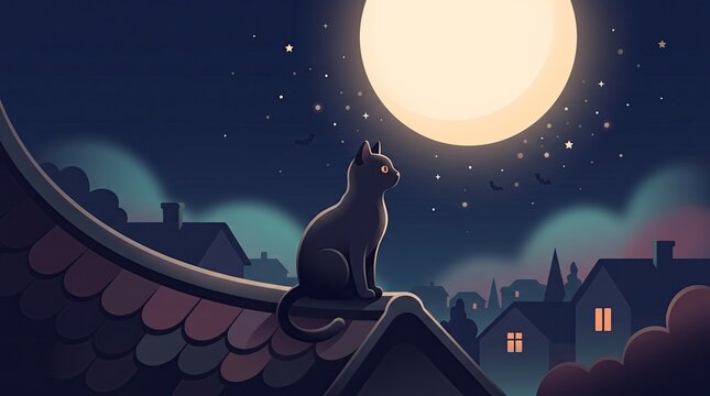 A mysterious black cat sitting on a rooftop under a glowing full moon during a spooky halloween night