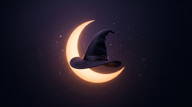 A magical black witch hat resting on a glowing crescent moon in a dark starry night for halloween