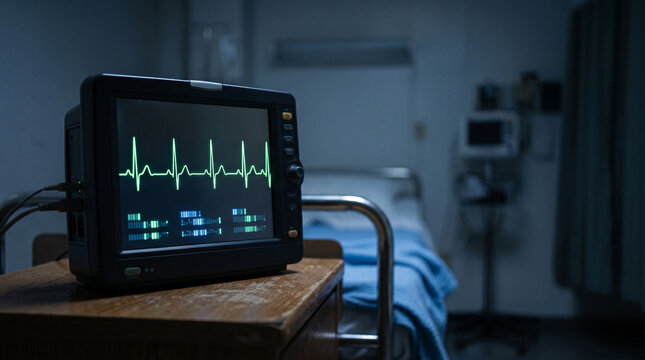 Medical monitor displays vital signs on bedside table in dim hospital room