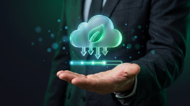 Businessman holding a glowing green eco cloud with downward arrows and a progress timeline, representing carbon footprint reduction, net zero goals, and environmental sustainability.
