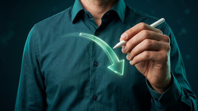Businessman drawing a glowing green downward arrow, representing risk management, financial loss mitigation, exposure control, project safety, and corporate asset protection strategy.