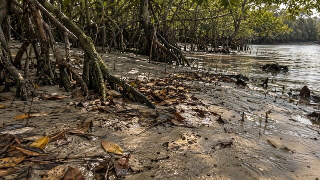 Mangrove trees with tangled aerial roots grow along a muddy shoreline, brown fallen leaves scatter across the wet sand near a body of water