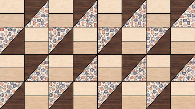 A seamless geometric background featuring a decorative grid of light and dark wood tiles interspersed with intricate floral pattern triangles.